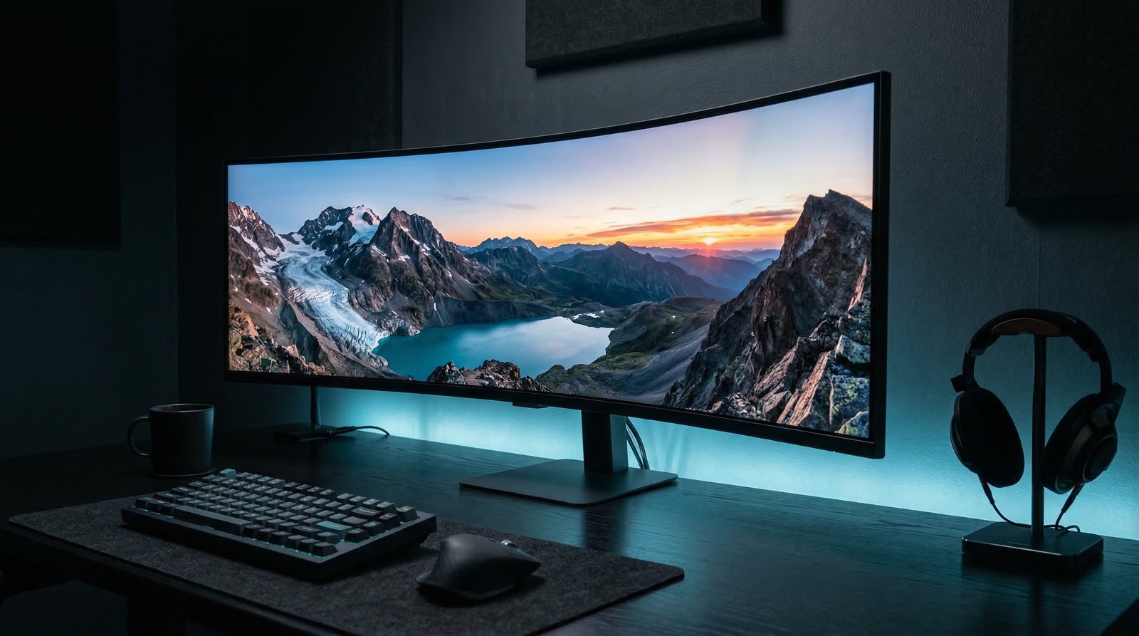 Ultrawide monitor setup with panoramic landscape display